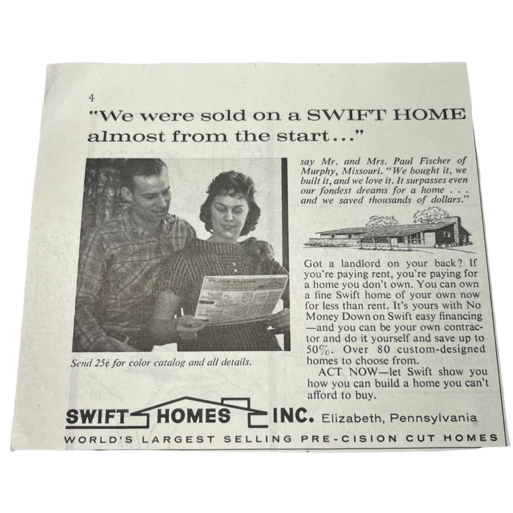 Small Vintage Print Ad Swift Homes Home Builder 1960s Office Decor
